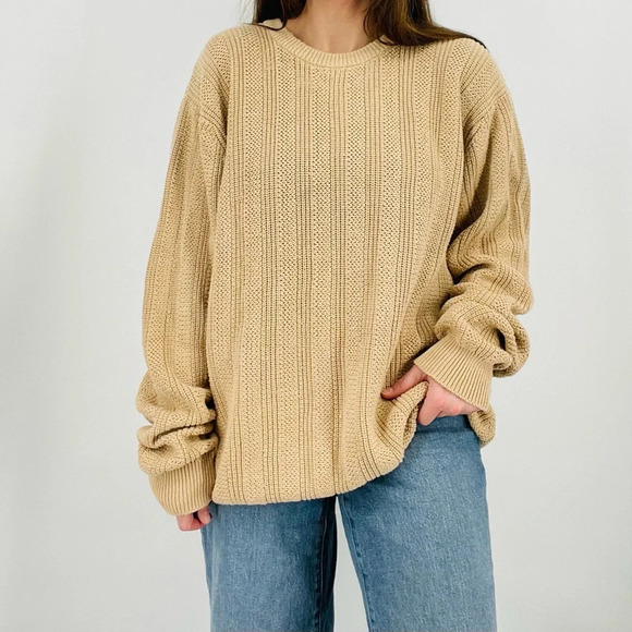vintage minimalist boho textured chunky knit crewneck sweater beige cotton XL